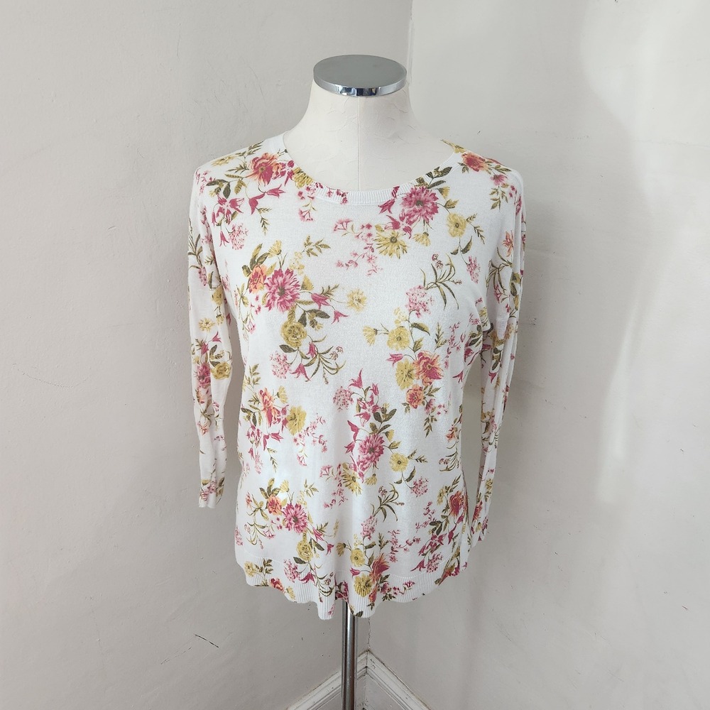 LOFT Womens Small Floral Print Lightweight Ramie Viscose Sweater White Pink S - Picture 1 of 5